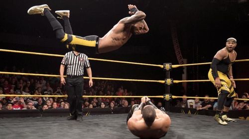 The athletic Montez Ford nails a high-impact frog splash