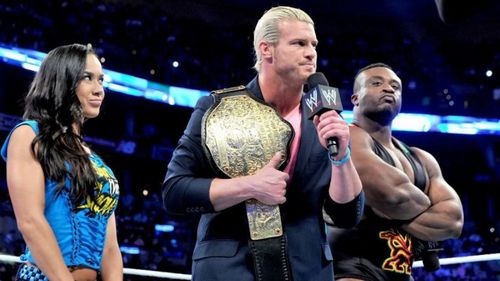 Ziggler, seen here with AJ Lee and Big E, won the title after Jack Swagger's brush with the law