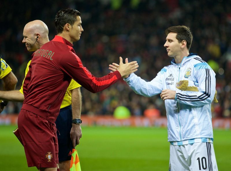 Cristiano Ronaldo and Lionel Messi lining up for a friendly between Portugal and Argentina