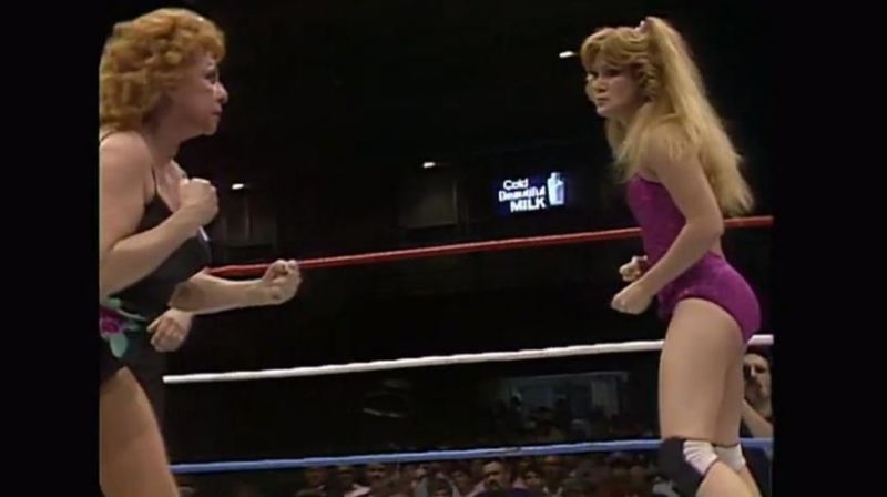 Fabulous Moolah squares off with Velvet McIntyre.