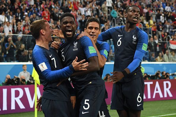 Antoine Griezmann, Samuel Umtiti, Raphael Varane and Paul Pogba