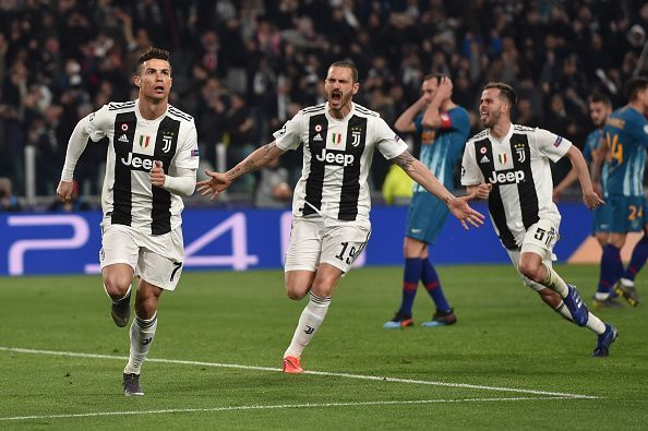 Cristiano Ronaldo exults after scoring a Champions League goal for Juventus.
