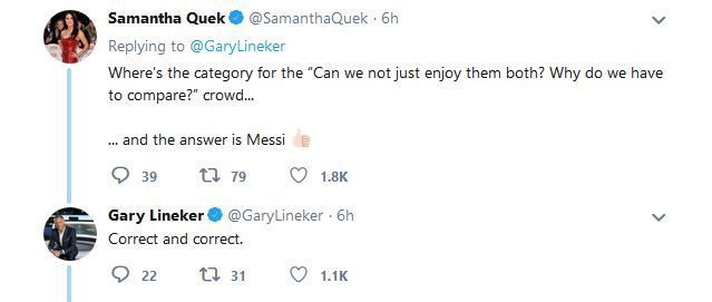 Gary Lineker says Britain's Women's Hockey player Samantha Quek is correct in calling Messi the best betwwen him and Ronaldo