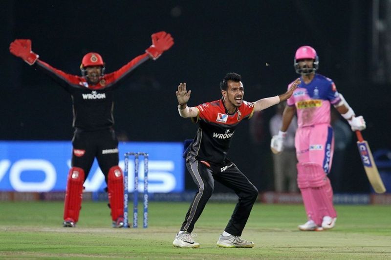 Yuzvendra Chahal of Royal Challengers Bangalore successfully appeals for the wicket of Ajinkya Rahane. Picture courtesy: BCCI/iplt20.com