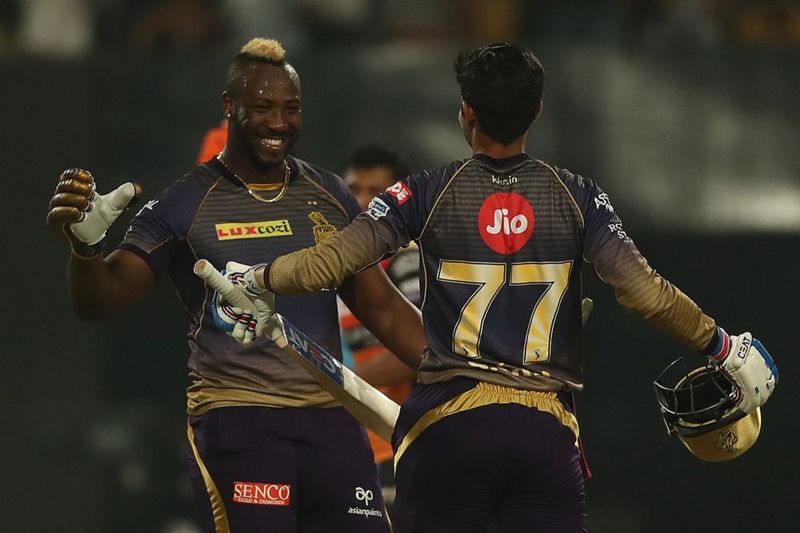 Shubman Gill and Andre Russell after chasing down SRH's total of 181. (Image Courtesy: IPLT20)