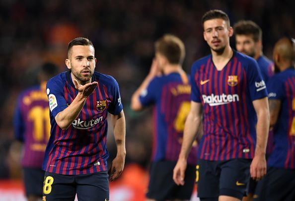 Jordi Alba celebrates after netting his second goal of the season, restoring Barca&#039;s slender advantage