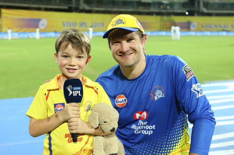 Jr and Sr Watson giving an interview after the latter saw Chennai home in the run chase. Image Courtesy : IPLT20/BCCI