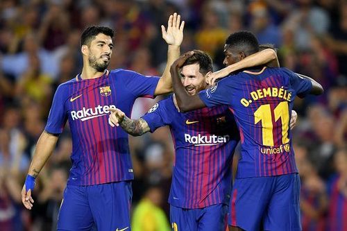 Messi-Suarez-Dembele Trident in actions