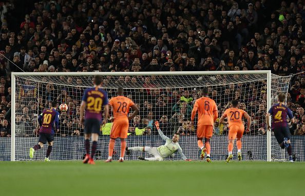 Messi's last 16 panenka . FC Barcelona v Olympique Lyonnais - UEFA Champions League Round of 16: Second Leg