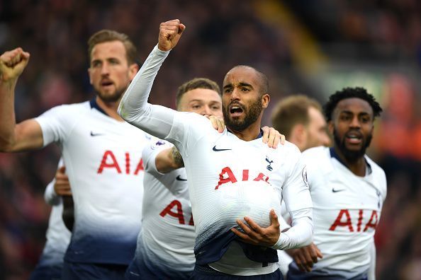 Lucas (centre) was Spurs&#039; bright spark throughout, took his goal well and is enjoying a good few weeks