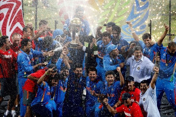 India lift the 2011 World Cup trophy