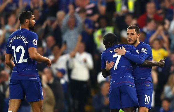 N&#039;Golo Kante, Eden Hazard, and Ruben Loftus-Cheek celebrate Chelsea&#039;s equalizer against Burnley FC