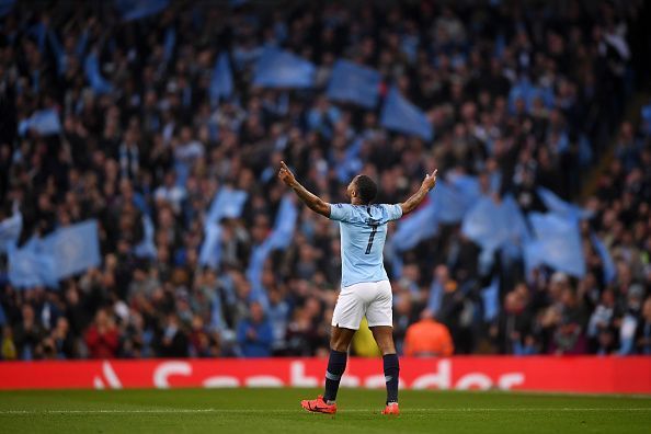 Sterling celebrating his first goal against Tottenham