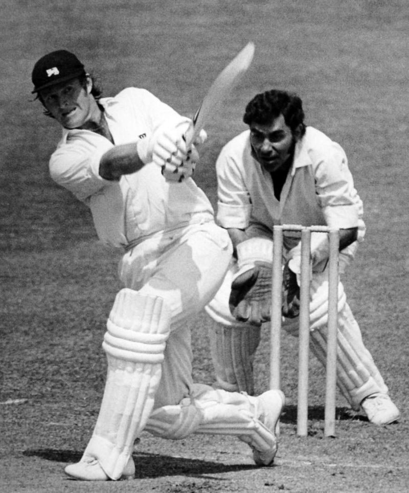 England&#039;s Dennis Amiss lofts the ball on the opening day of the World Cup in 1975 as Indian wicketkeeper Farokh Engineer looks on.