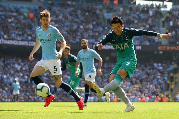 Son Heung-min of Tottenham Hotspurs unleashes a shot against Manchester City