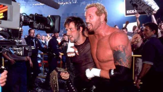 David Arquette celebrates his WCW World Championship win with DDP