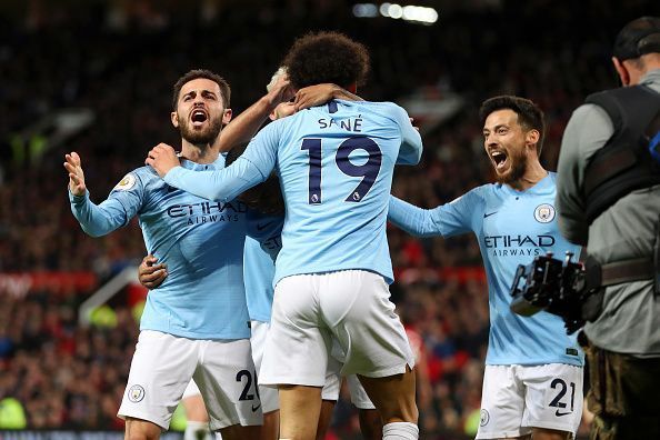 Bernardo, Sane and David Silva celebrate during City&#039;s 2-0 win over their neighbours