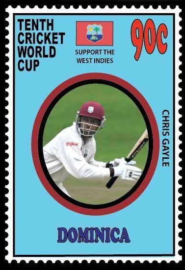 CHRIS GAYLE FEATURING ON A STAMP OF DOMINICA FOR 2011 CRICKET WORLD CUP