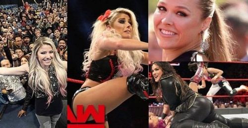 Alexa Bliss and Nia Jax were involved in a heated feud over the RAW Women's Title last year, before Ronda Rousey (top right) entered the fray