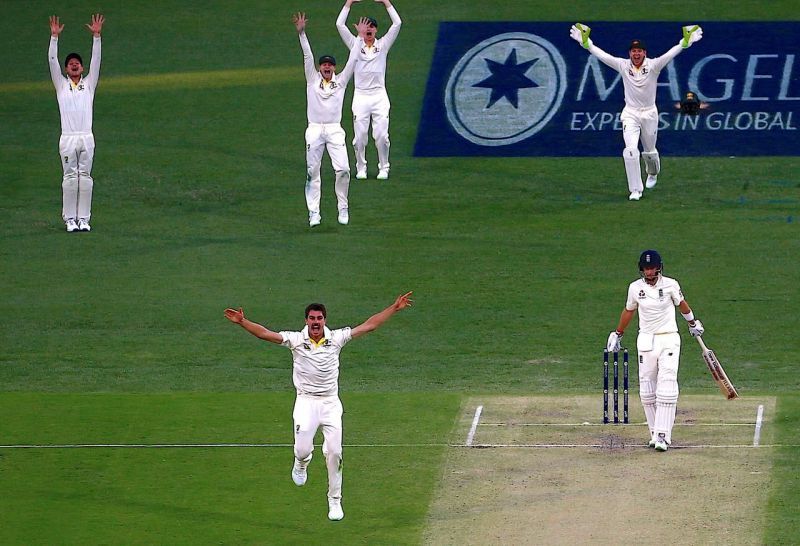 Cummins sets up Root as Australia appeal for an LBW during The Gabba Test in 2017