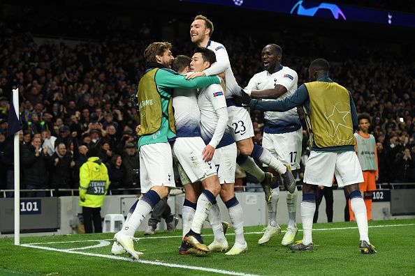 Tottenham players celebrate Son&#039;s goal during their 1-0 win over Manchester City in the UCL QF first leg