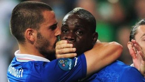 Bonucci covers Balotelli's mouth during a Euro 2012 match