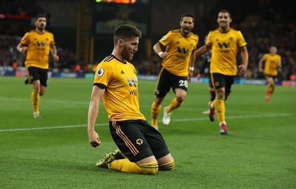 Wolverhampton Wanderers players celebrating a goal against Arsenal FC at Molineaux Stadium