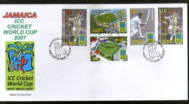 Stamps and first-day cover issued by Jamaica to commemorate 2007 Cricket World Cup.