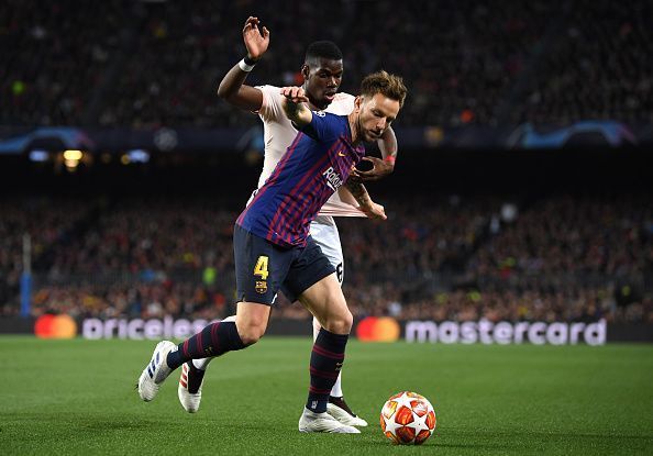 Rakitic in action against Manchester United - UEFA Champions League Quarter Final: Second Leg