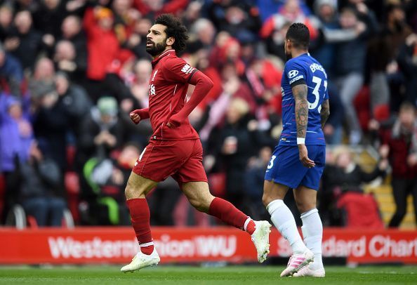 Salah wheels away to celebrate his strike, doubling the hosts&#039; lead against his former employers in style