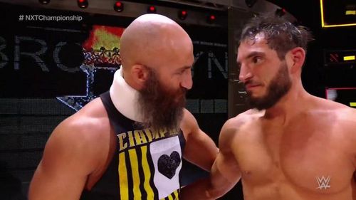 Ciampa and Gargano embracing following the latter's NXT Championship win