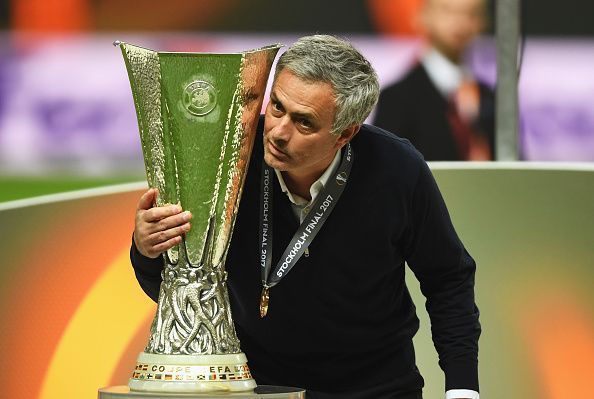 Jose Mourinho celebrates his Europa League victory after beating Ajax