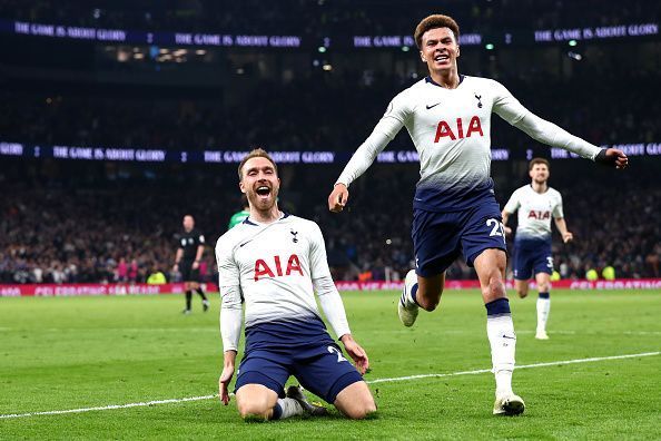 Christian Eriksen and Dele Alli celebtrate the winning goal against Brighton &amp; Hove Albion