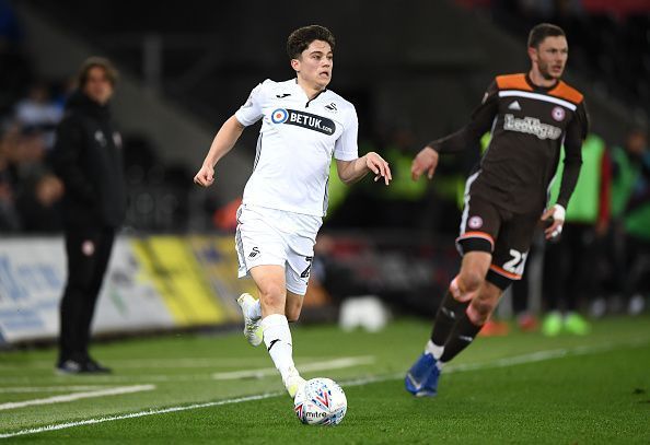 Daniel James in action for Swansea City v Brentford - Sky Bet Championship