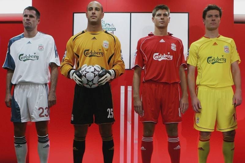 (From l-r): Jamie Carragher, Pepe Reina, Steven Gerrard, and Xabi Alonso launching Liverpool's jerseys during Carlsberg's time as the club's jersey sponsor