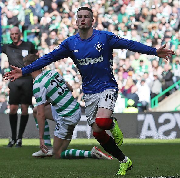 Ryan Kent celebrating a goal against Rangers&#039; fierce rivals Celtic this season