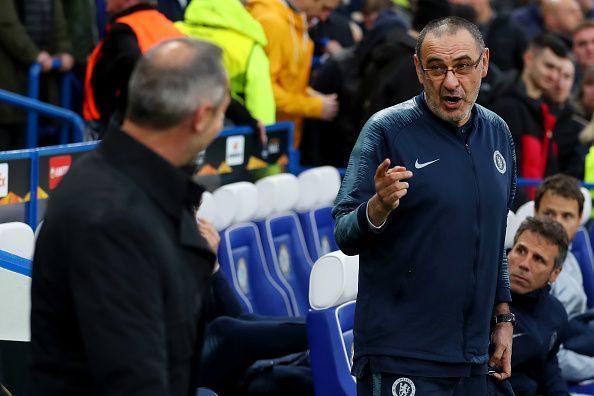 Maurizio Sarri (right) during Chelsea&#039;s Europa League semi-final matchup against Eintracht Frankfurt