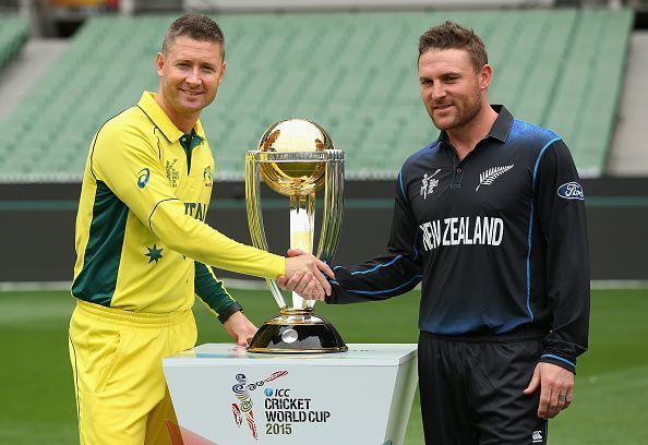 Clarke and McCullum with the 2015 ICC Cricket World Cup Trophy before the Final