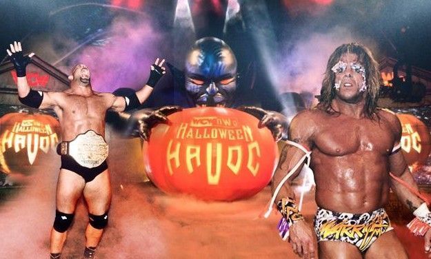 Goldberg and Ultimate Warrior in a promotional poster for Halloween Havoc.
