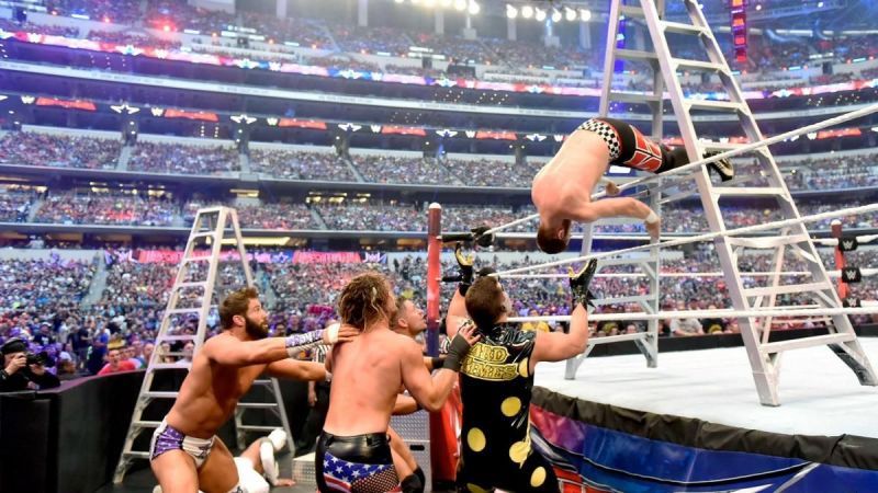 Sami Zayn going for a high dive at WrestleMania 32.