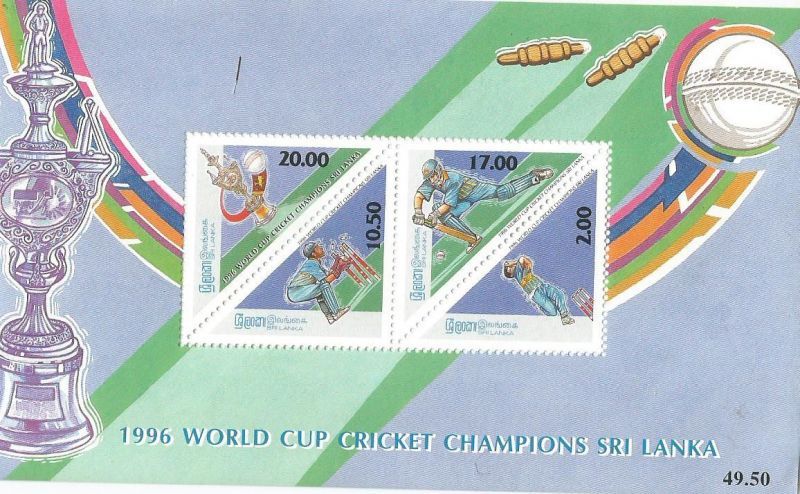 A Miniature sheet with traiangular stamps issued by Sri Lanka to commemorate Sri Lankan victory in 1996 world cup.