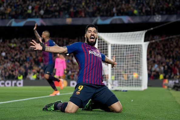 Suarez celebrating his goal against Liverpool in the first leg