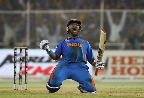 Yuvraj celebrates India's victory in the 2011 World Cup quarterfinals against Australia