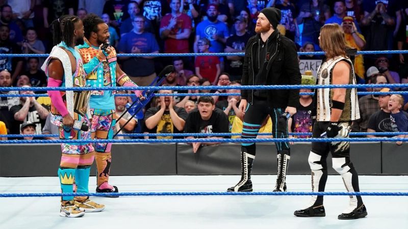 Kofi and Xavier (left) confronted by Zayn and Styles on SmackDown