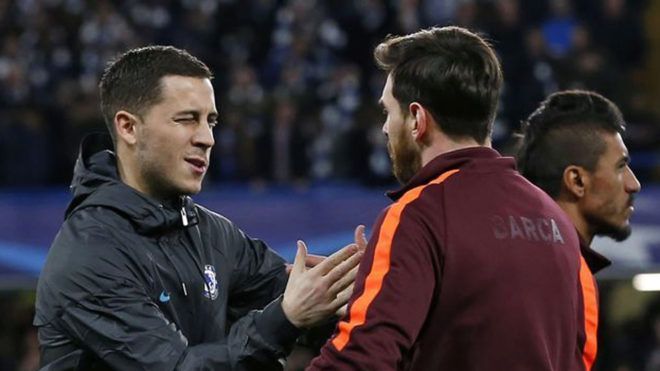 Chelsea&#039;s best player Eden Hazard and Barcelona&#039;s best player Lionel Messi