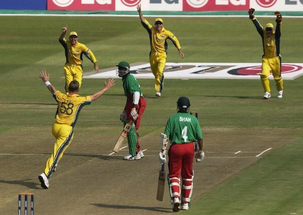 Brett Lee bags a hat-trick as his in-swinging yorker castles David Obuya.