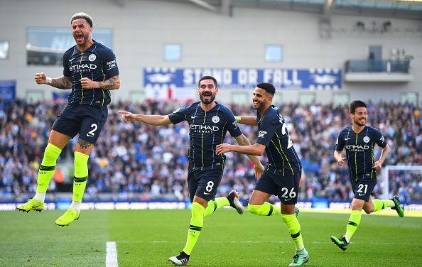 Walker, Gundogan, Mahrez and D. Silva celebrate Ilkay&#039;s free-kick strike as they clinched the title