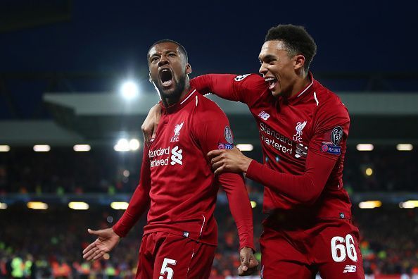 Liverpool celebrate a goal during their comeback game against Barcelona.