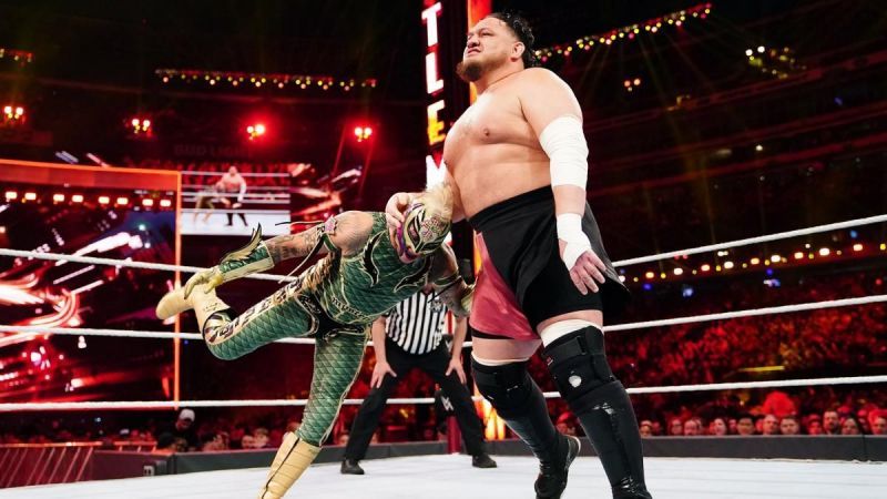 Rey Misterio on the ropes against Samoa Joe.
