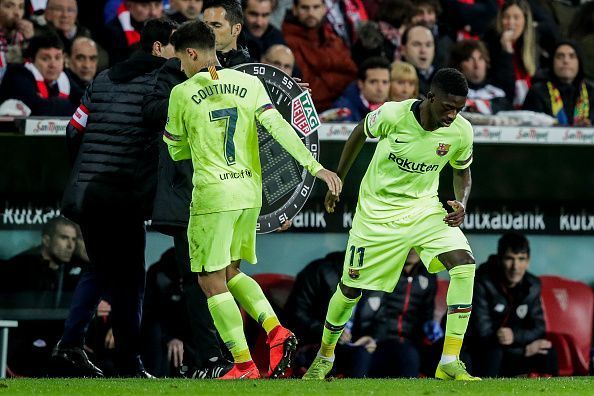 Barcelona will offer either Philippe Coutinho(l) or Ousmane Dembele(r) in exchange for Neymar